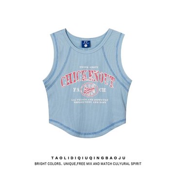 美式復古字母印花吊帶背心女夏季辣妹風修身顯瘦露臍短款運動上衣