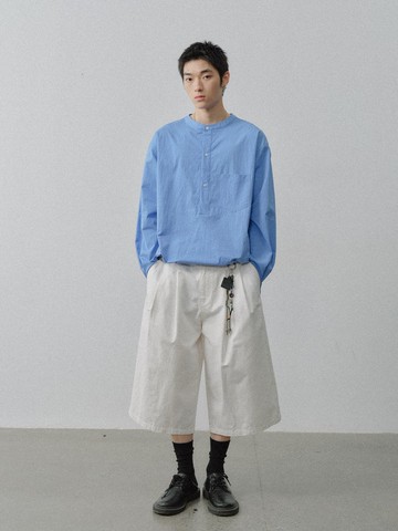 日系復古 水洗純棉圓領襯衫 休閒上衣