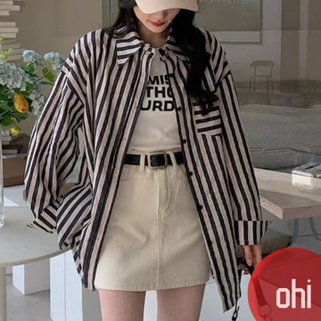 【ohi】薄款森系復古黑色條紋襯衫 長袖襯衫 學院風襯衫女 女生襯衫 襯衣 襯衫 上衣 女裝 GSNA52