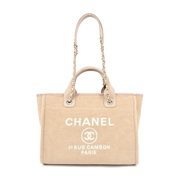 CHANEL 經典Deauvill帆布鏈帶中號托特包（奶茶色）_廠商直送