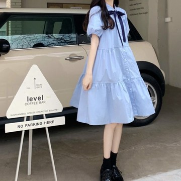 【T-2】🖤 蝴蝶結藍色襯衫洋裝夏季小清新甜美泡泡袖寬鬆顯瘦夏天娃娃裙子