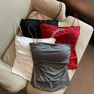 辣妹純欲褶皺吊帶背心 小吊帶 背心 打底背心女帶胸墊內搭外穿褶皺細肩帶 純欲抹胸內衣女 小可愛 上衣吊帶 細肩帶背心