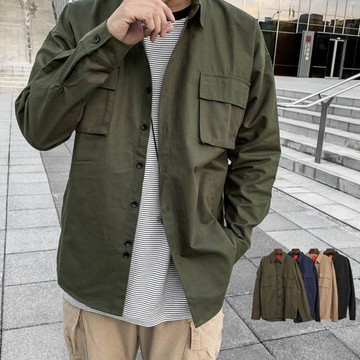 【A.S】 韓國 厚磅 古著 硬挺 多口袋 素面 寬鬆 落肩 工裝 長袖襯衫