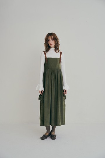 khaki green pocket dress 軍綠絨面口袋洋裝
