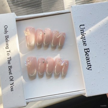 ✨Hannah✨純手工穿戴甲法式微笑貓眼堆鑽蝴蝶美甲顯白可拆卸甜美可愛日常款精緻穿戴甲 9SZJ