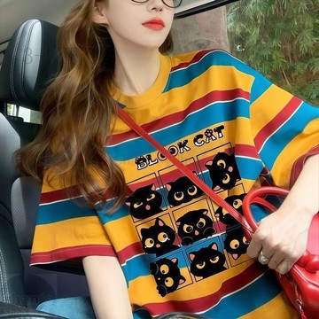 台灣出貨⭐摩登复古条纹T恤 夏日女裝短袖T恤女 可爱新款美式撞色设计感小众潮牌卡通猫咪印花上衣 寬板T恤 over