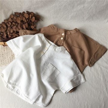 兒童夏季棉麻短袖衫男童女童蝙蝠袖純色開筒衫嬰兒寶寶純棉t韓T恤