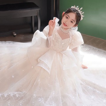 香檳色兒童婚紗2025新款秋季花童洋氣女童公主裙生日宴走秀主持人