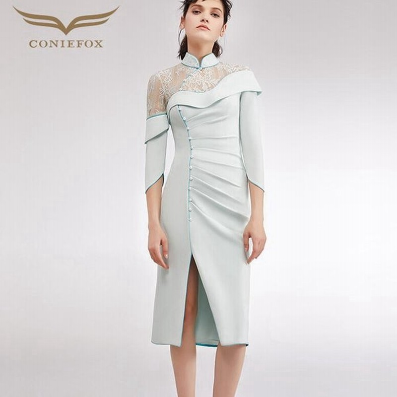 Coniefox 高品質 チャイナカラー肌透けレース七分袖付きスリットタイトライン膝丈ドレス ブルー 水色 ワンピース ミディアムドレス 大きいサイ 通販 Lineポイント最大0 5 Get Lineショッピング