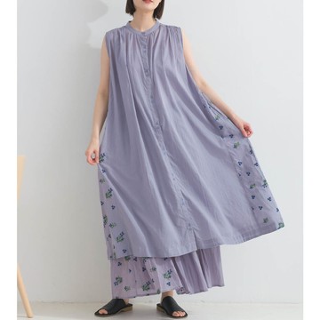 日本 Lupilien - 100%印度棉 優美植物側邊刺繡無袖洋裝-紫