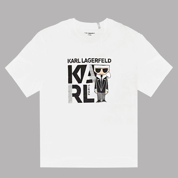 KARL LAGERFELD 卡爾 Q版老佛爺條紋字母棉質短T恤.白