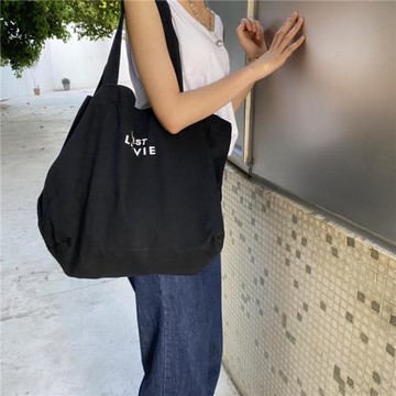 大容量ins簡約帆布包 單肩手提托特包文藝布袋女 字母復古慵懶風