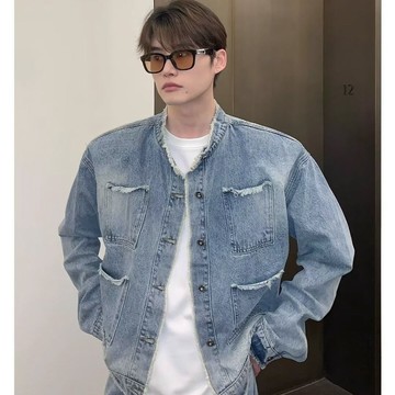 【設計感寬鬆休閒】美式高街潮牌 牛仔外套男 春秋季外套 潮流外套 水洗複古漸變夾克 潮男外套 寬鬆牛仔外套 外套男 夾克