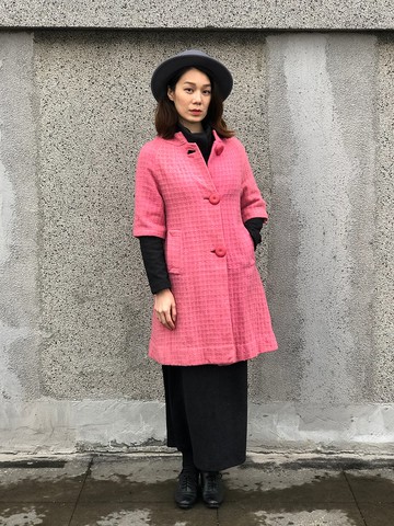 五分袖格紋繡粉紅大衣