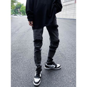 高街風做舊痞帥潮牌嘻哈長褲黑灰色破洞補丁彈力修身小腳牛仔褲男