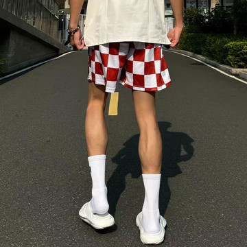 DOKAZICE 棋盤格網眼短褲 男女速幹寬鬆籃球沙灘三分運動休閒短褲健身三分褲 男生休閒運動短褲 運動褲 薄短褲 三分