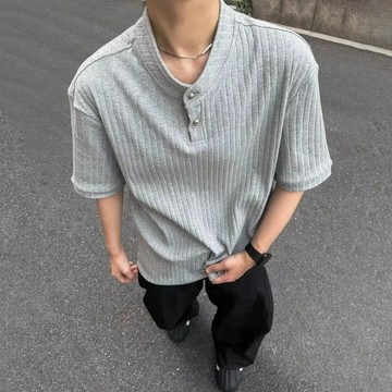 亨利領POLO衫短袖T恤男 夏季正肩緊身上衣休閒