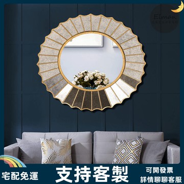 宅配免運❤鏡 鏡子 裝飾鏡 玄關鏡 樣闆房軟裝復古做舊圓形刻花玄關裝飾鏡壁掛墻壁掛件浴室化妝鏡子