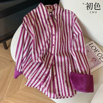 初色 休閒寬鬆復古文藝排扣條紋撞色尖領翻領長袖襯衫上衣女上衣-紫色-16489(M-2XL可選)
