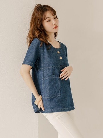 棉質牛仔圓領套裝短袖上衣