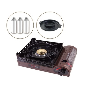 IWATANI 新風丸超防風卡式爐3.5kW-附收納盒-搭起司烤盤&瓦斯罐3入(CB-KZ-2)