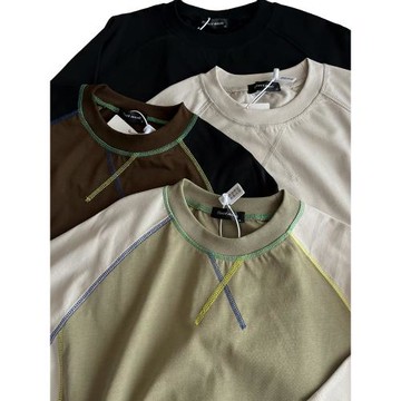 重工撞色拼日系潮牌復古純棉彩線插肩袖圓領T恤寬松廓形男女短袖T