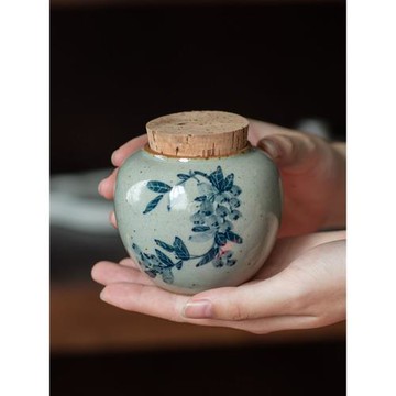 功夫道手繪青花茶葉罐粗陶蟬翼紋汝瓷茶倉儲陶瓷密封便攜迷你茶罐