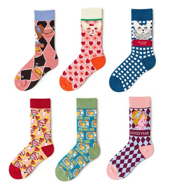 大唐襪業 D174加厚款插畫格子lolita潮襪長襪可愛卡通純棉日系襪中筒襪子