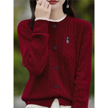 2024秋冬洋氣假兩件針織開衫學院風刺繡毛衣開衫外套打底洋氣上衣