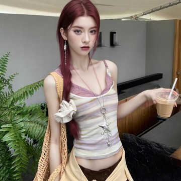 蕾絲條紋v領假兩件吊帶背心女夏季外穿露背辣妹無袖上衣