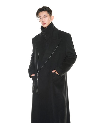 羊毛絨墊肩拉鏈大衣男女秋冬黑色長款毛呢外套
