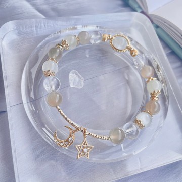 謐靜 月色真美 白月光石橙月光石系列14K包金水晶手鍊設計款