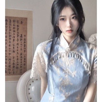 蝕骨藍色旗袍女夏季2022年新款年輕款時尚長款短袖蕾絲氣質連衣裙