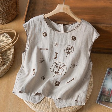 【ACheter】森系手工縫線圓領刺繡背心棉麻上衣# 125335