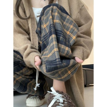 已售9642件💖REOY 高腰休閒褲 運動褲 秋季 黄色格子褲 直筒褲 闊腿褲 女生褲子 休閒 百搭 寬鬆 長褲子 居
