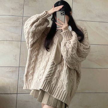 韓版V領溫柔風寬鬆燈籠袖長版毛衣【W396】