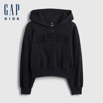 【GAP】兒童VintageSoft毛圈布寬版Logo拉鍊連帽運動衫-無月黑(870892)