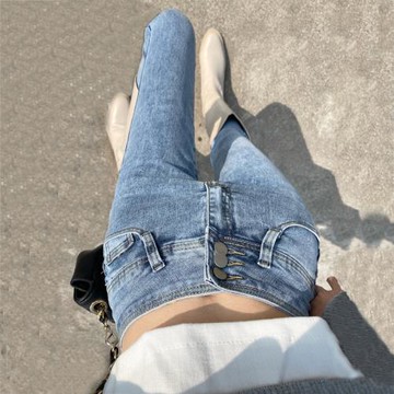 淺色高腰牛仔褲女2025年秋冬新款加絨修身顯瘦緊身小腳網紅鉛筆褲