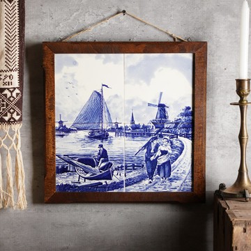 1980荷蘭Delft Blue風格經典湖景瓷磚掛飾/瓷磚畫