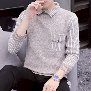 假兩件毛衣男韓版潮流修身休閑帥氣針織衫男士襯衫領時尚個性上衣