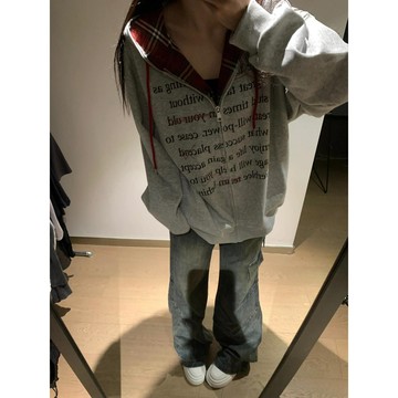 【格紋拚接】美式複古開衫連帽衛衣女 INS薄絨韓版外套 韓係連帽衛衣外套 女外套 保暖外套 學院風 女高 薄外套 女韓版