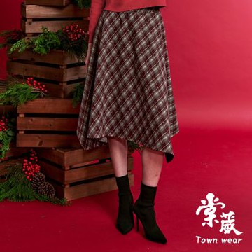 【TOWNWEAR棠葳】時髦菱格紋毛料中長裙(中大尺碼/女下身/女下著/裙子/腰頭彈性/口袋)