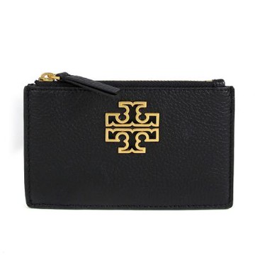 TORY BURCH BRITTEN 金屬雙T鏤空LOGO鵝卵石紋皮革拉鍊卡片證件包(黑色)