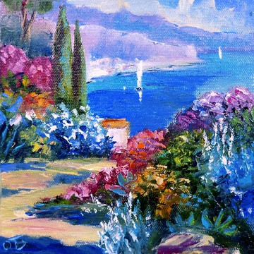 海岸畫布繪畫，原創小藝術，地中海牆壁藝術品，牆壁