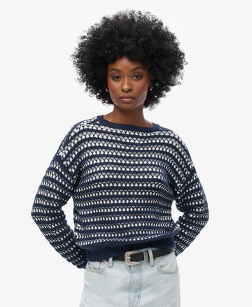 Superdry Women's Stripe Crochet Cropped Crew Jumper Navy Size: 8