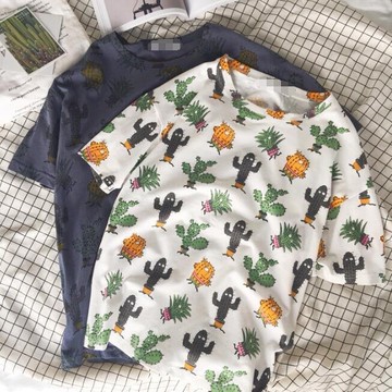 FINDSENSE MD 韓國 潮 男 休閒簡約 卡通仙人掌圖案印花 情侶裝 學生短T 短袖T恤