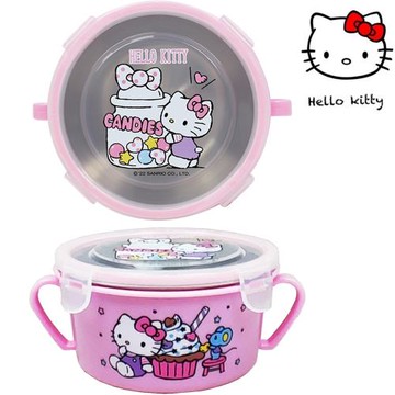 【HELLO KITTY】不鏽鋼雙耳隔熱碗/幼兒學習隔熱餐碗(粉紅 買1送1)