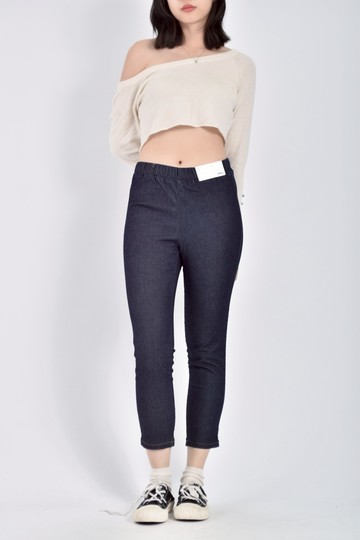 加購優惠(M) gu質感丹寧牛仔棉質鬆緊腰低腰七分緊身深藍色長褲