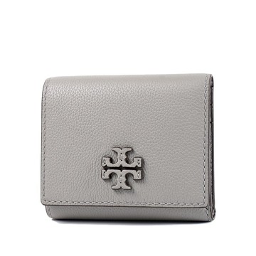 TORY BURCH THEA 皮革標鵝卵石紋釦式三折短夾-灰色
