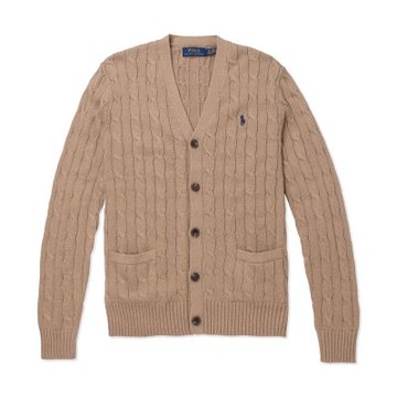 Polo Ralph Lauren RL 熱銷圓領刺繡小馬麻花開襟外套 上衣-泰奶色